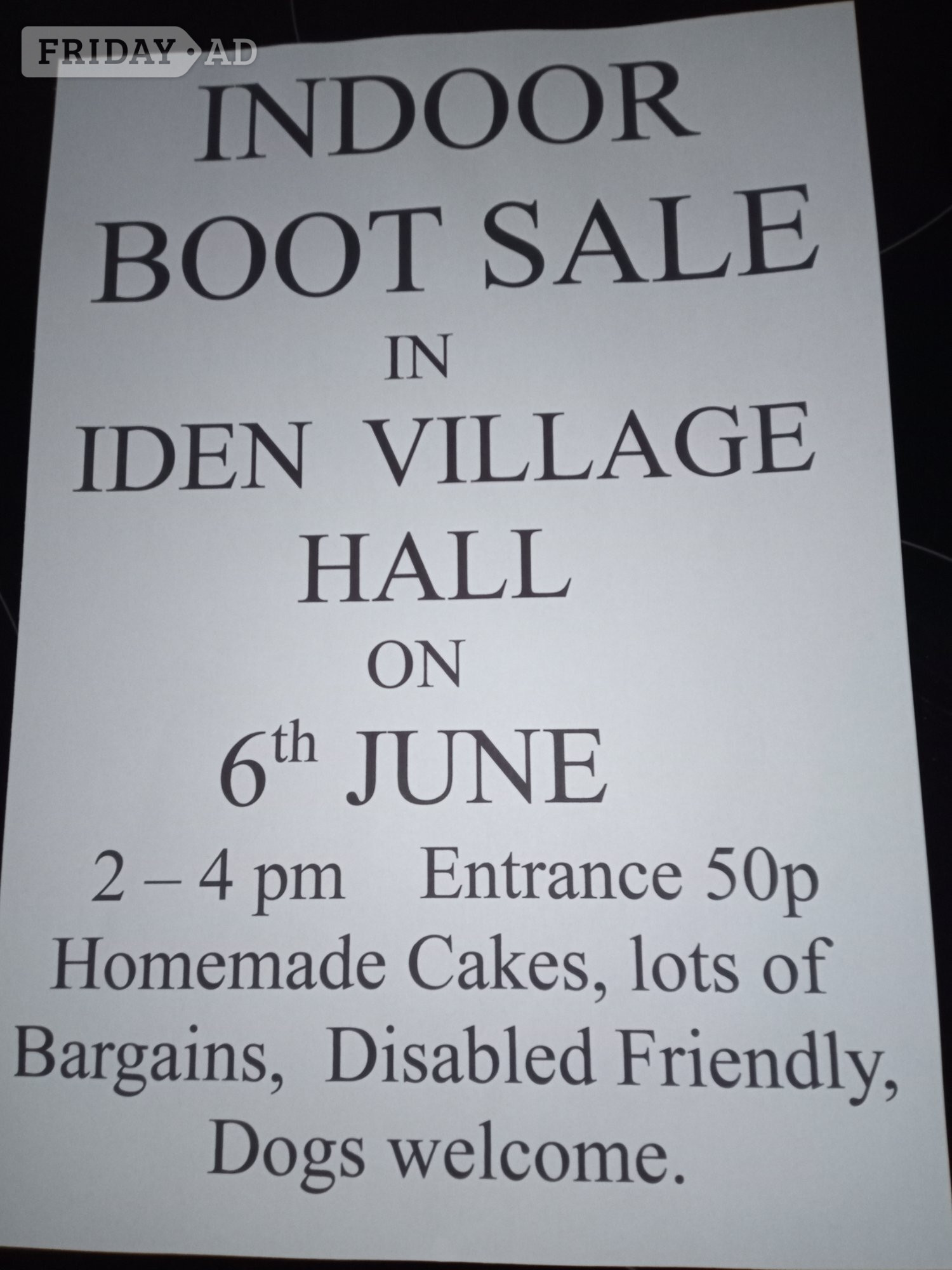 Indoor Boot sale  in Iden Village Hall 