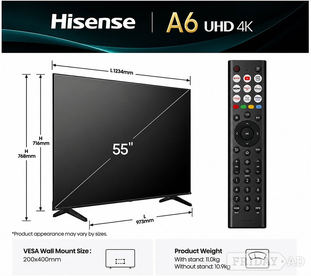 Hisense 55" A6Q 4K HDR Smart TV UHD with AI Upscale 55A6QTUK