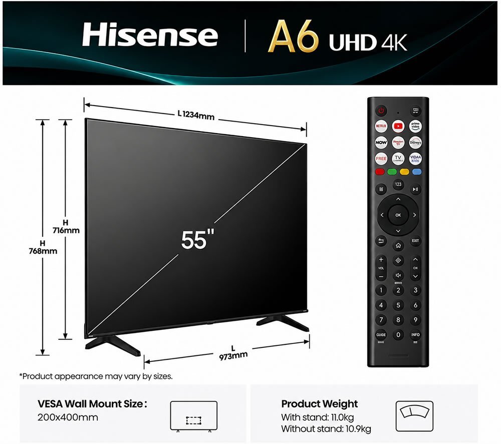Hisense 55" A6Q 4K HDR Smart TV UHD with AI Upscale 55A6QTUK