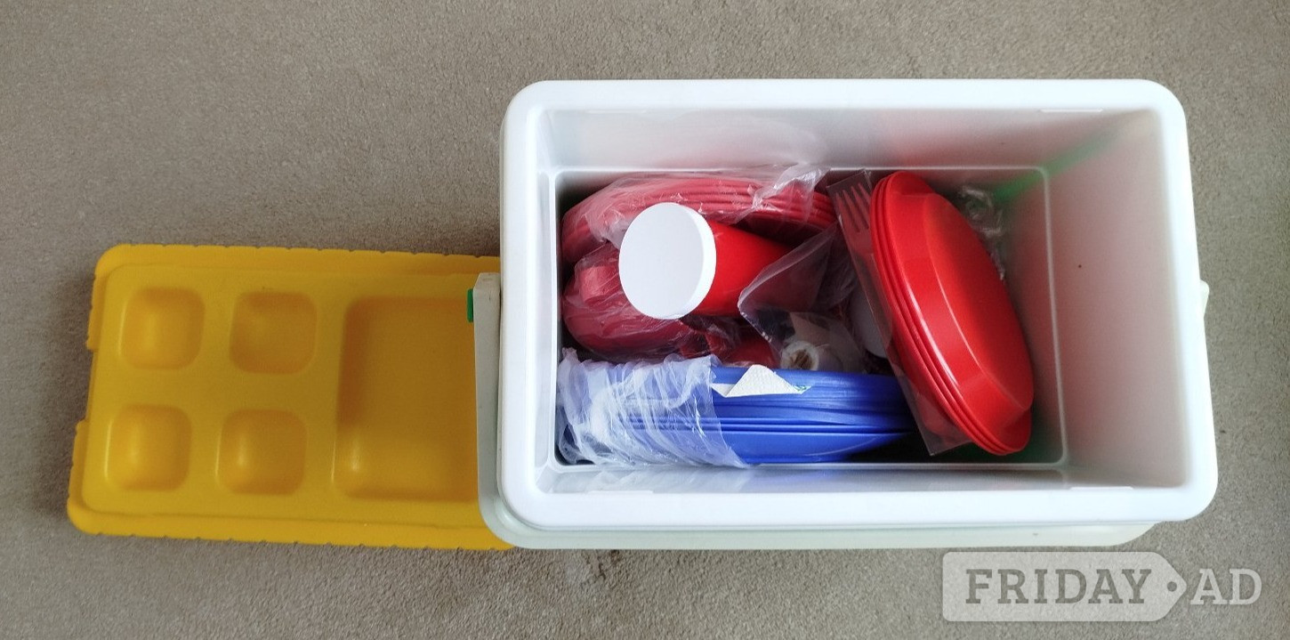 Picnic Coolbox and plates, bowls, cups, cutlery