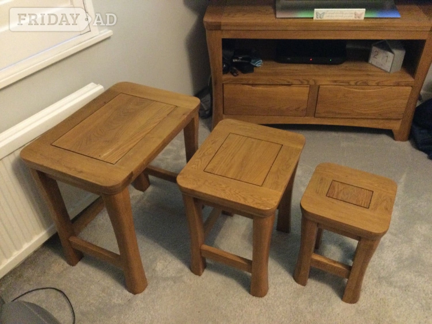 All solid oak : 3 nesting tables, dresser, dining table & chairs