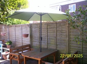 Wooden Garden table + 2 benches + 2 chairs, Seats 6 people. FREE to collector.