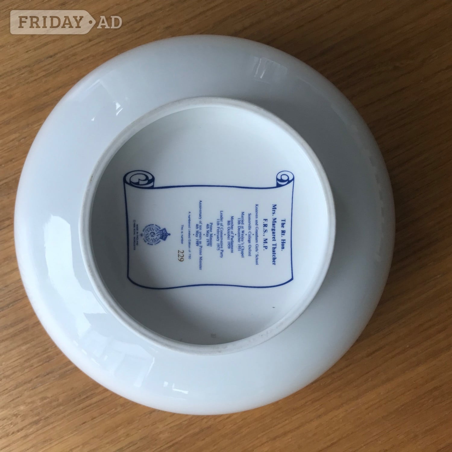 Hastings Royal Worcester fine bone china bowl. Margaret Thatcher Ld Ed 
