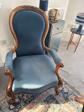 Magnificent Antique Blue Velvet Armchair with Beautiful Wood