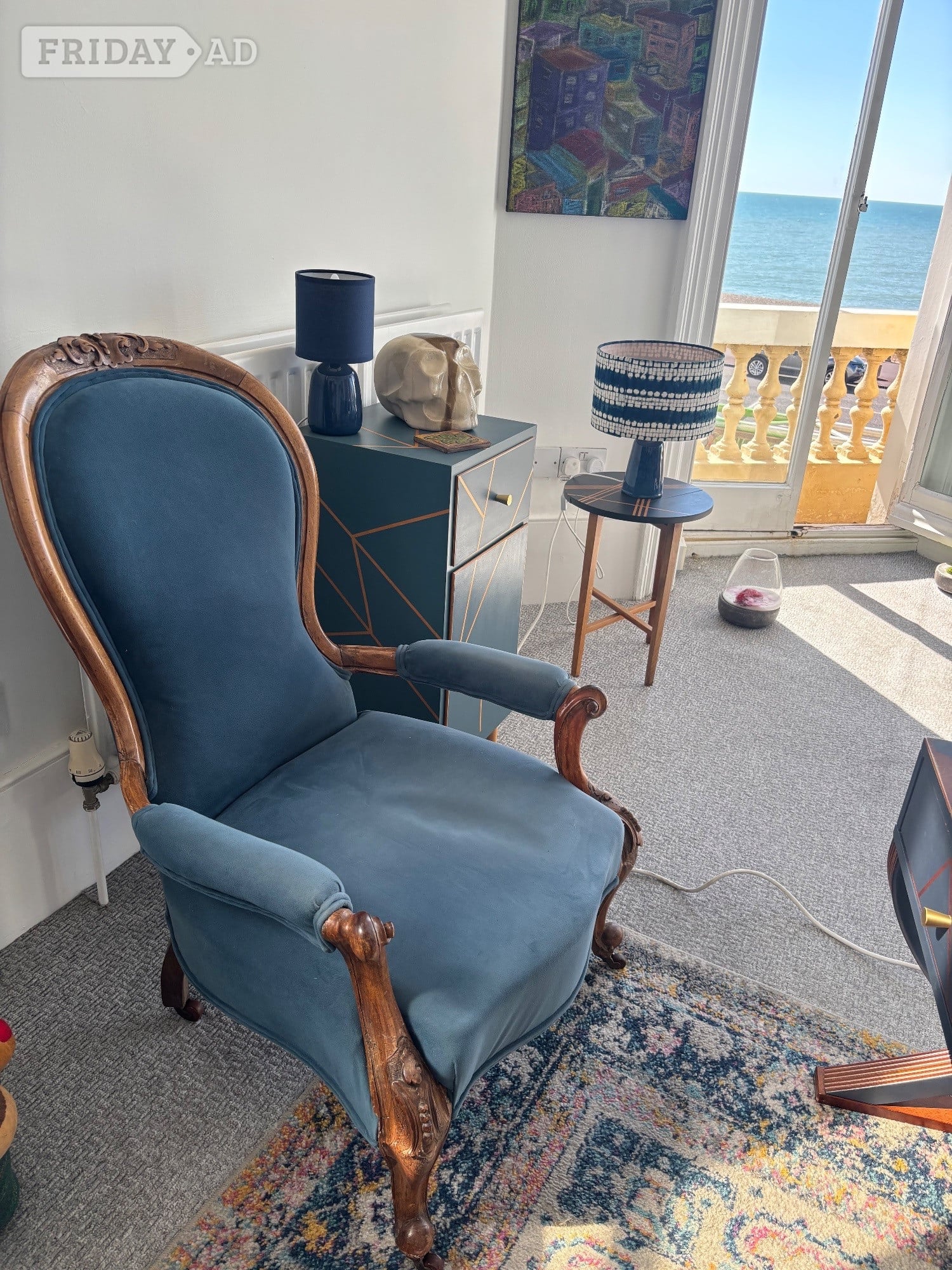 Magnificent Antique Blue Velvet Armchair with Beautiful Wood
