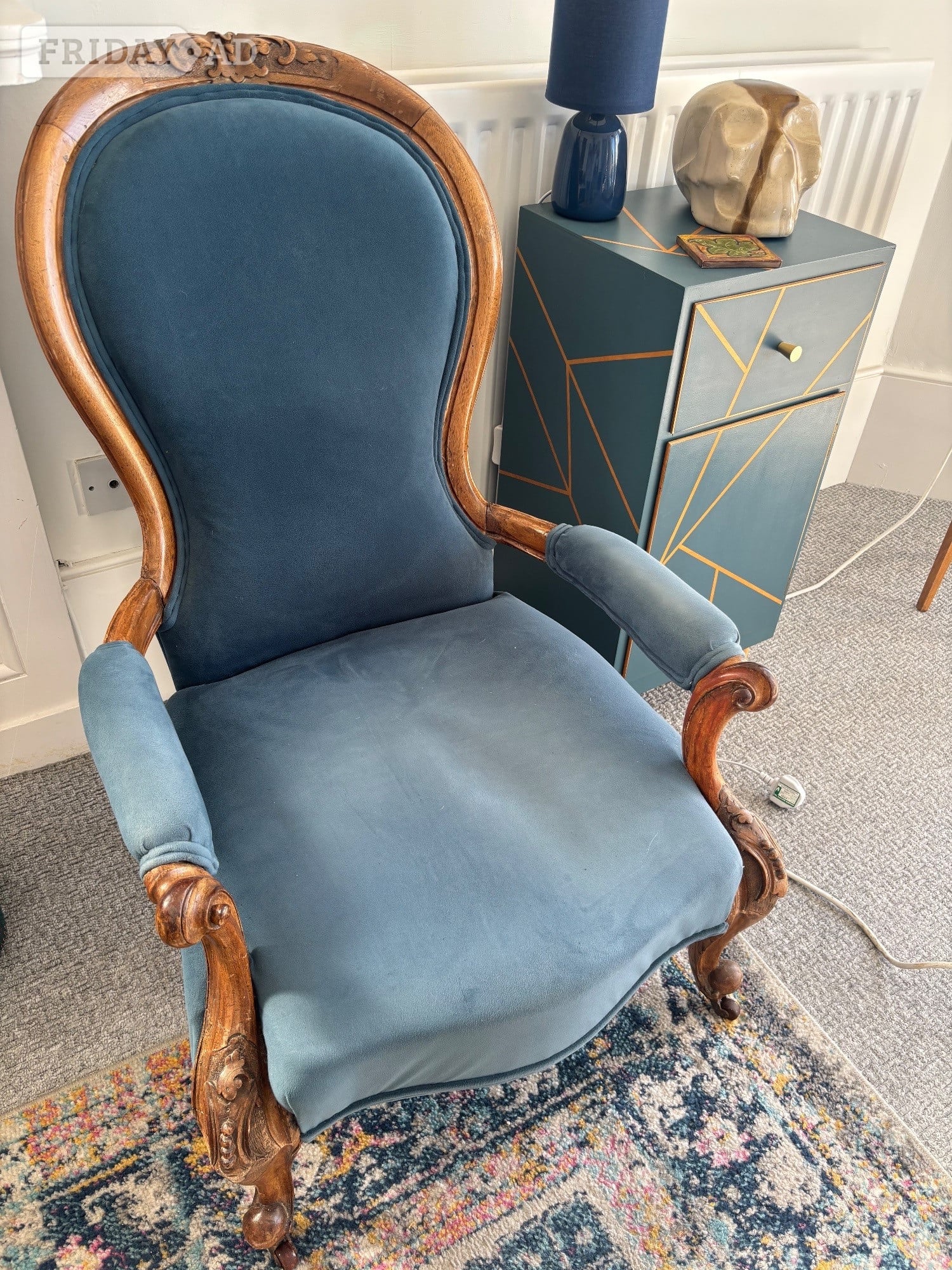 Hastings Magnificent Antique Blue Velvet Armchair with Beautiful Wood