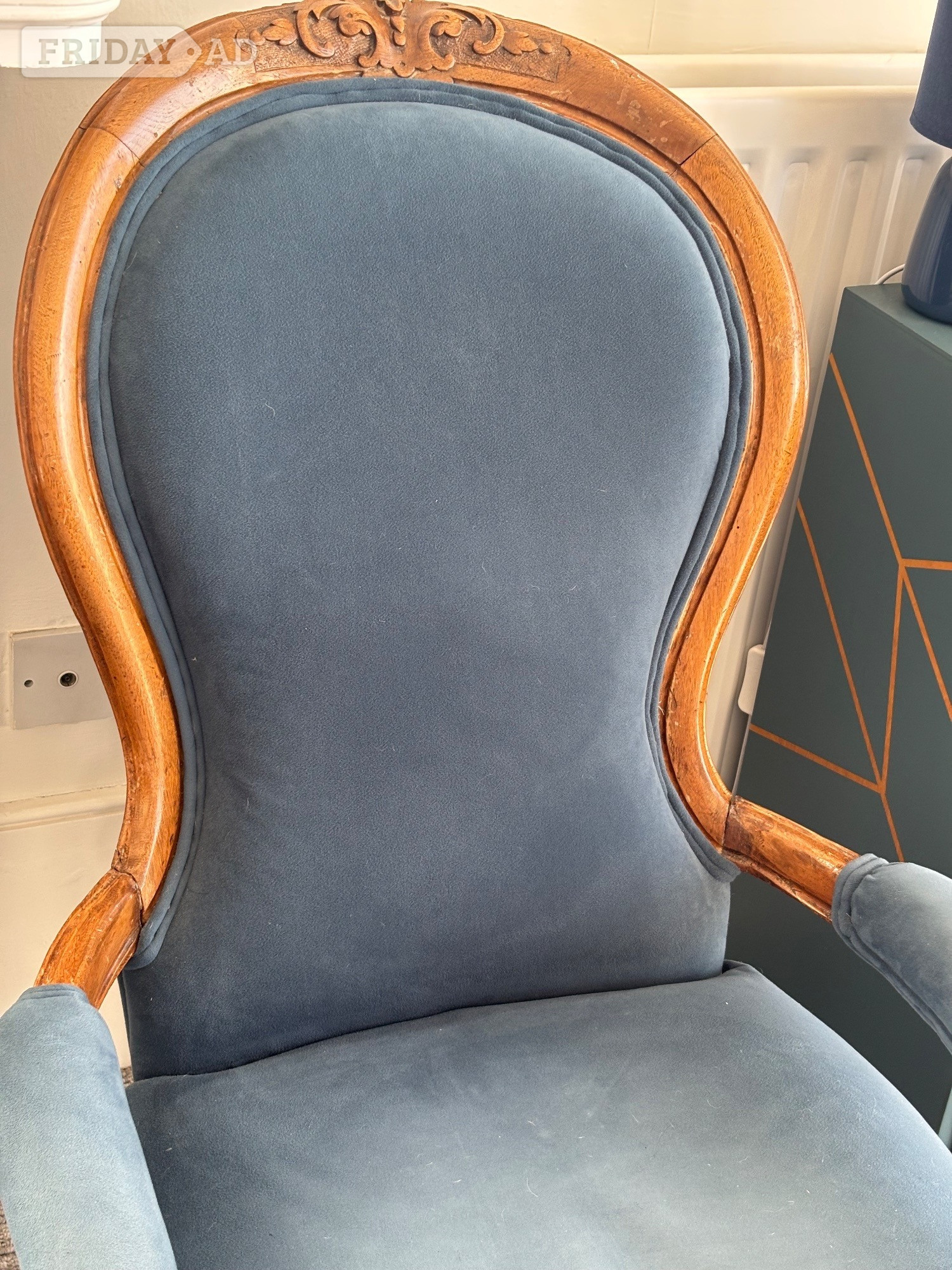 Magnificent Antique Blue Velvet Armchair with Beautiful Wood - Antiques & Collectables in Hastings