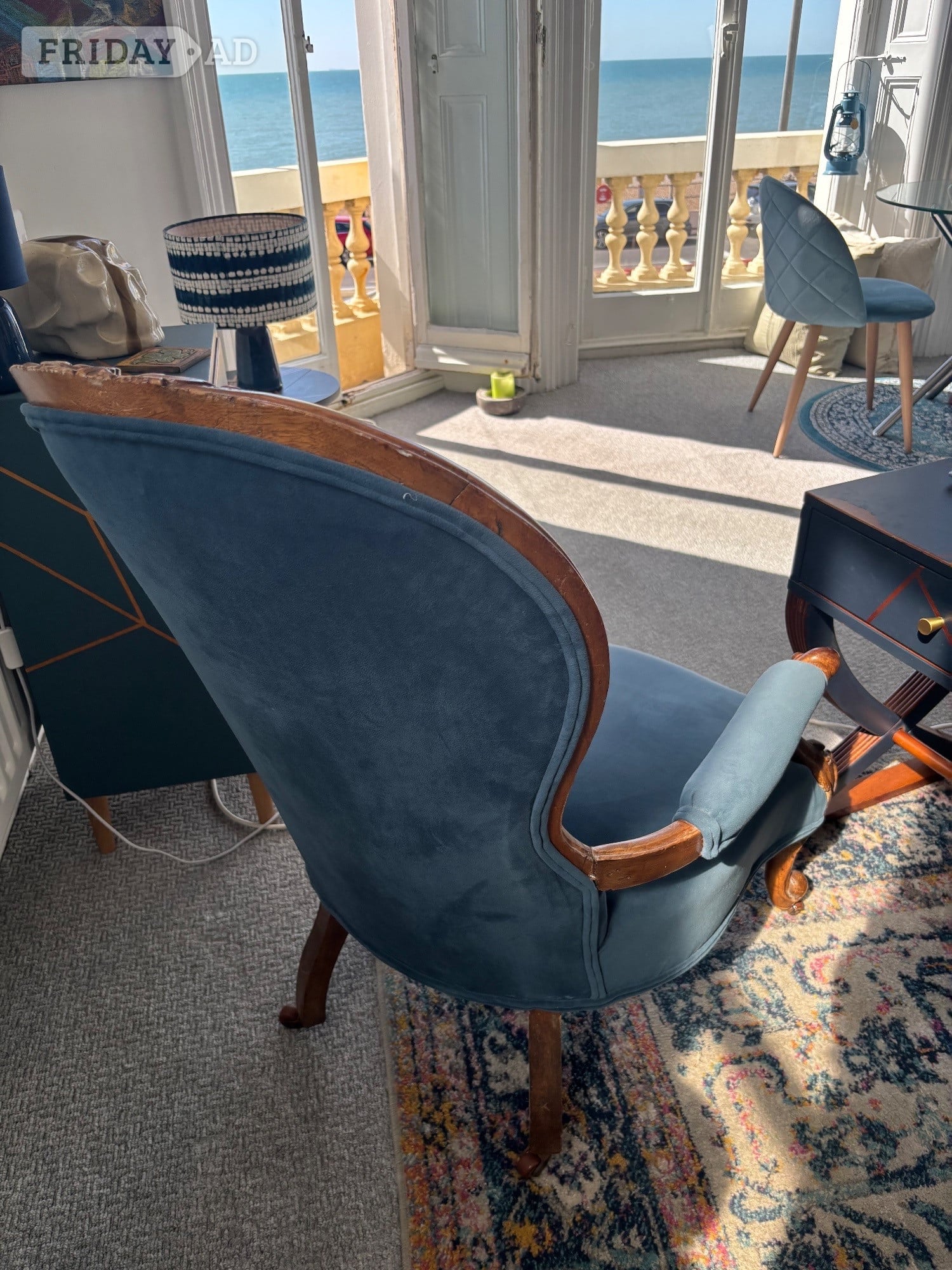 Magnificent Antique Blue Velvet Armchair with Beautiful Wood - Antiques & Collectables