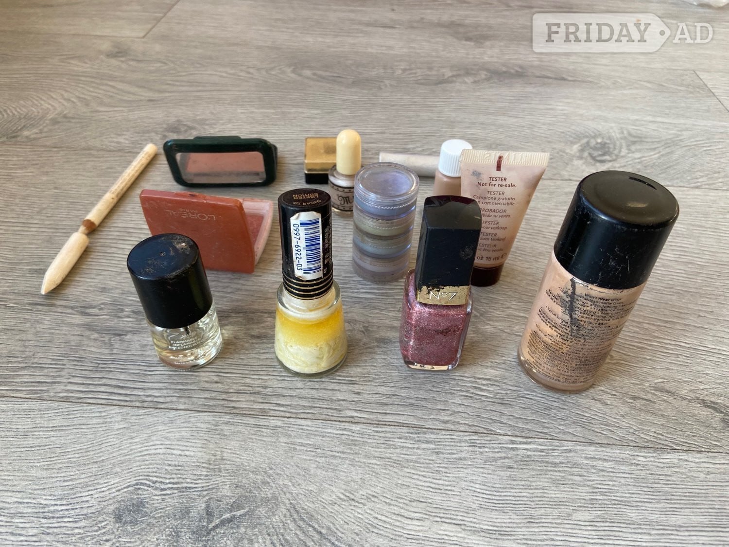 Harrow Mix lot of cosmetics including eye shadow, nail whitener, blush, 