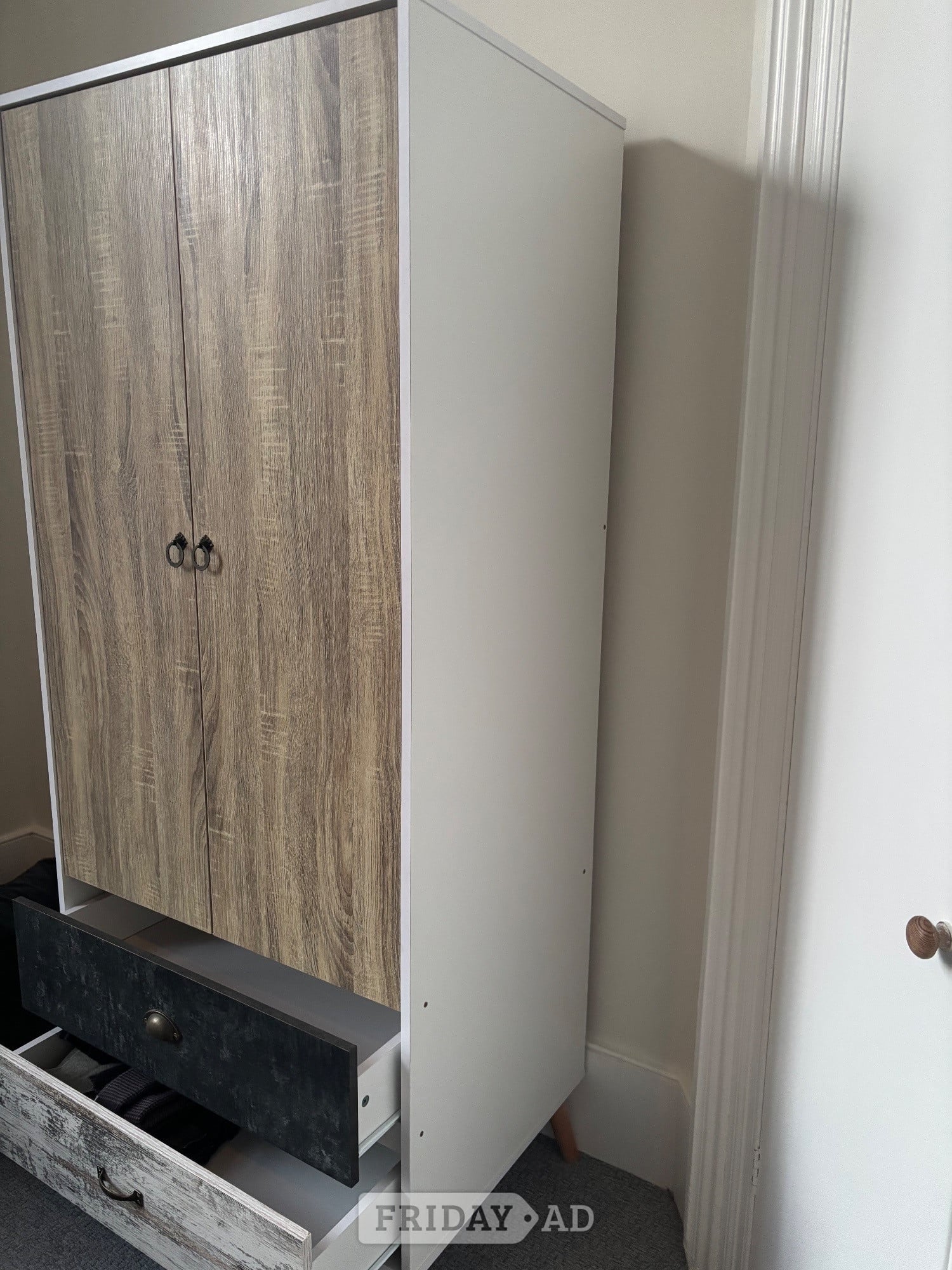 Freestanding 2 Door Hinged Wardrobe with Hanging Rail & 2 Drawers - Furniture
