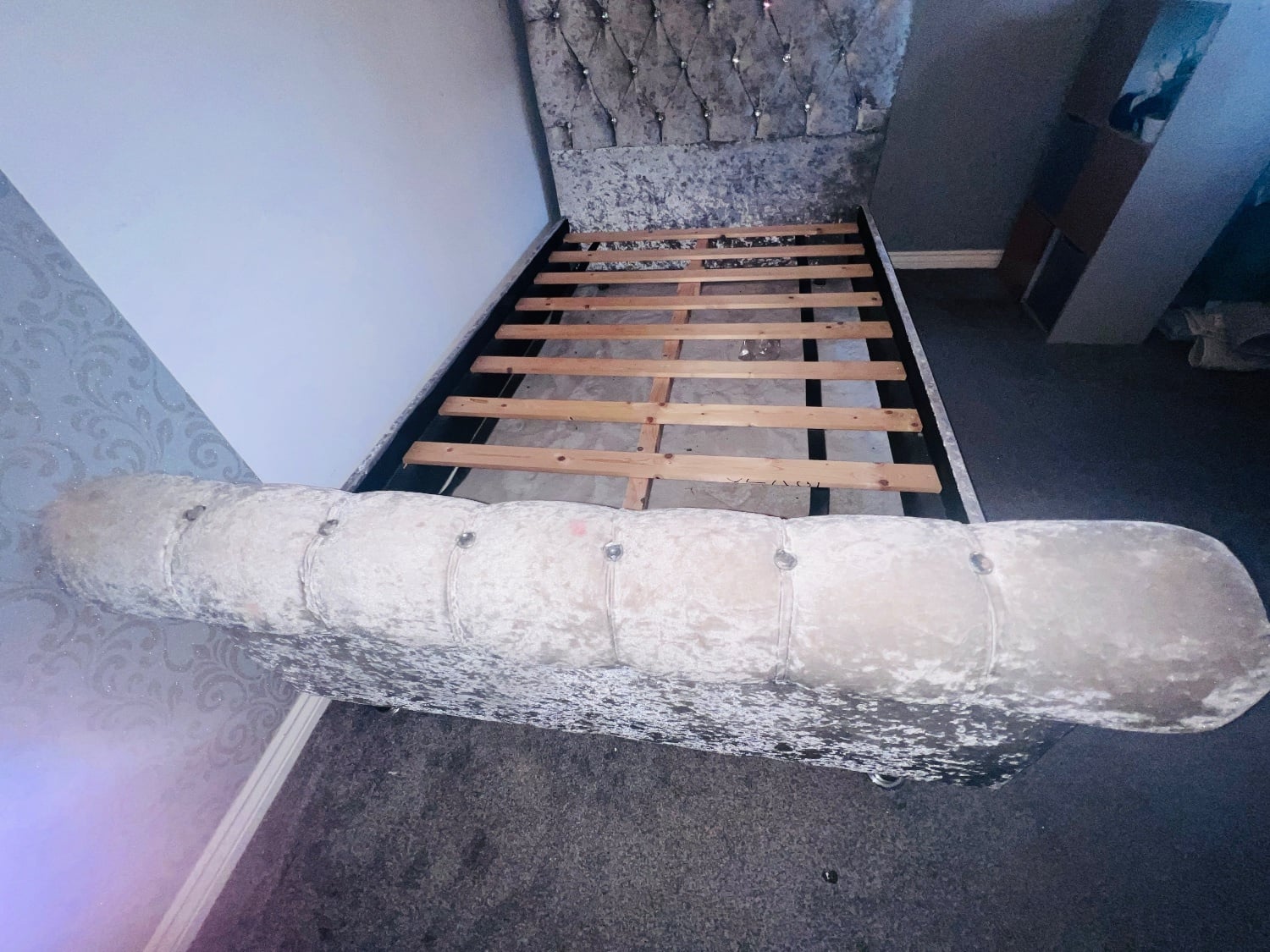 Velvet Swarovski stone padded bed plus slats small double - no m  - Furniture in Hailsham