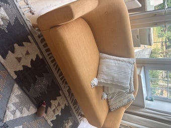 Mustard colour settee. Wooden legs dimensions 178cm x90 depth 