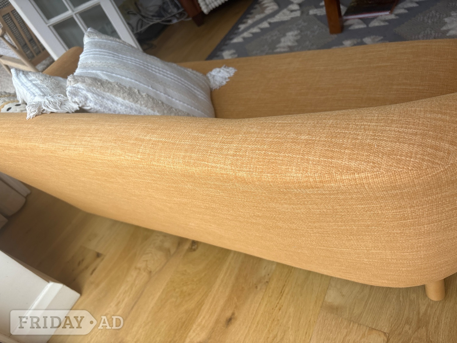 Worthing Mustard colour settee. Wooden legs dimensions 178cm x90 depth 