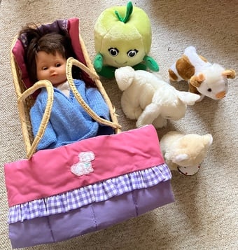 Doll in basked & Teddy collection. 
