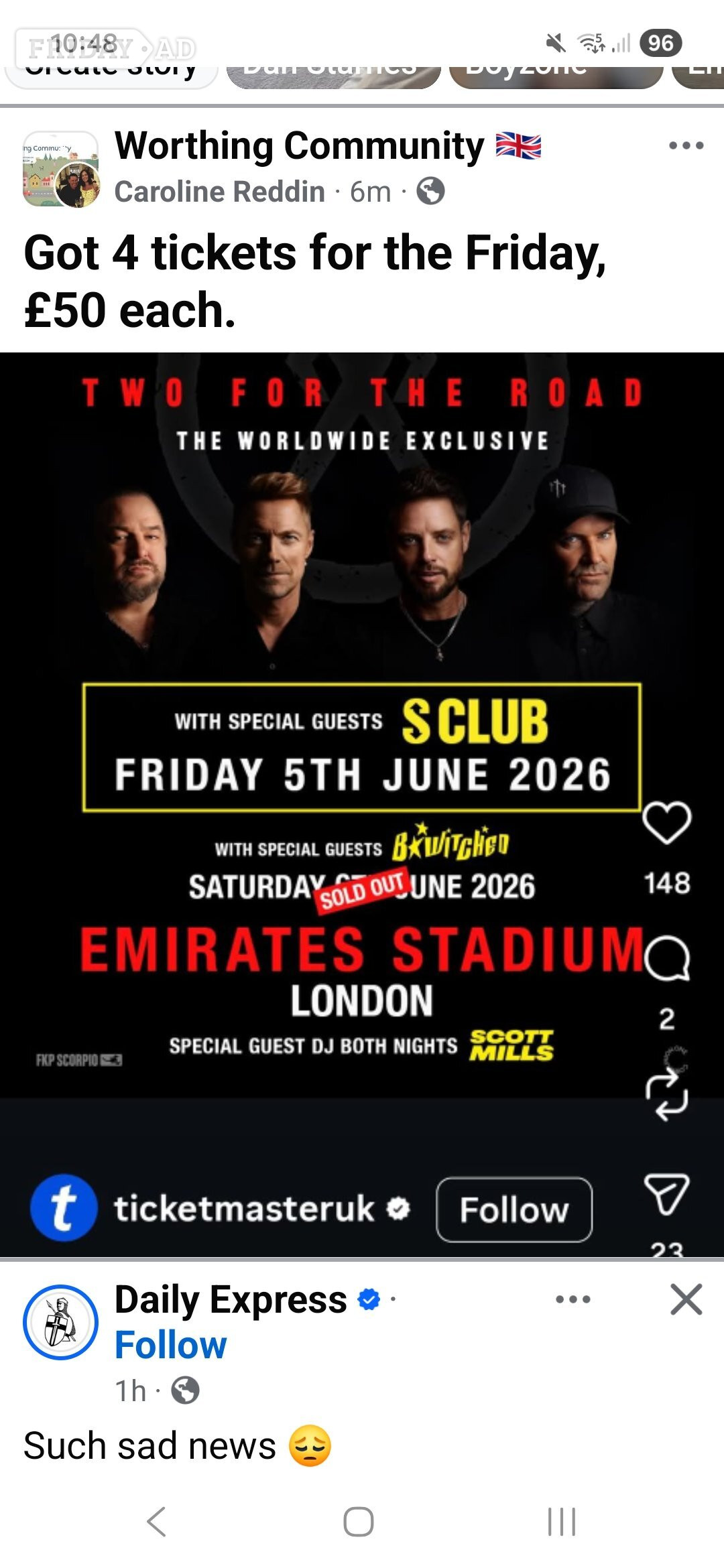 4 Boyzone tickets. 5th June in Worthing