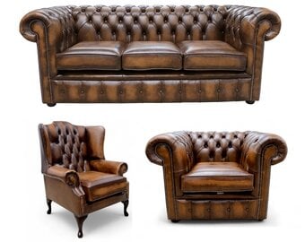 Chesterfield Leather 3 Seater + Mallory Wing Chair + Club Chair