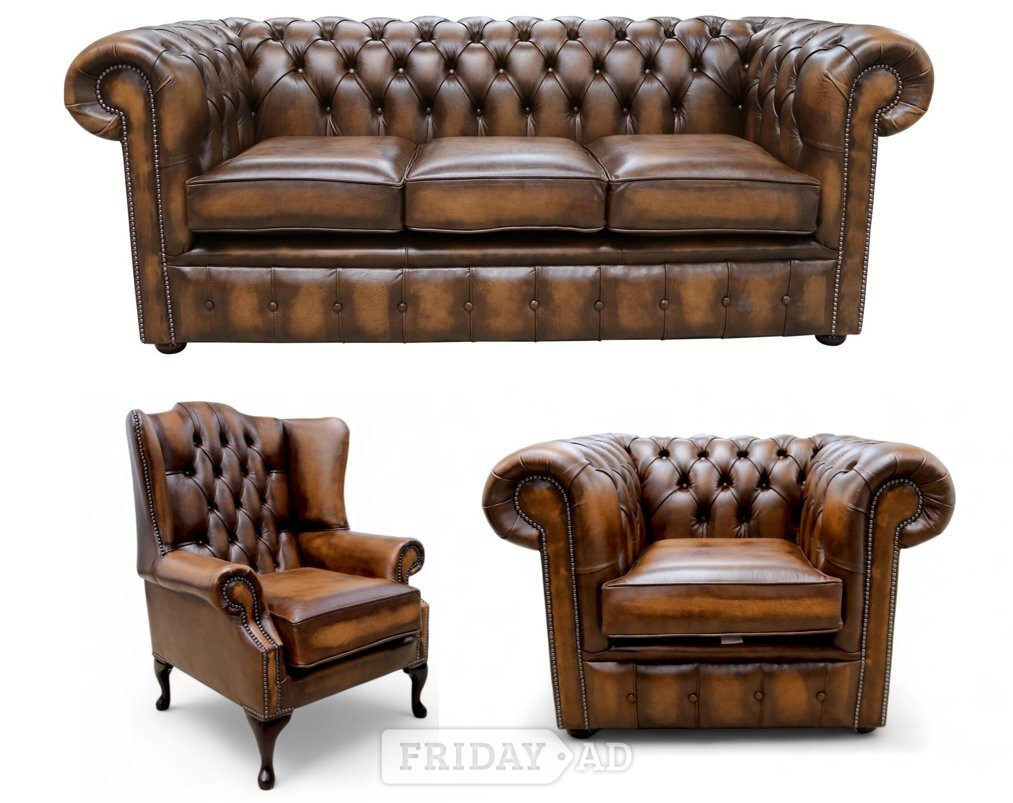 Chesterfield Leather 3 Seater + Mallory Wing Chair + Club Chair in Abbots Langley