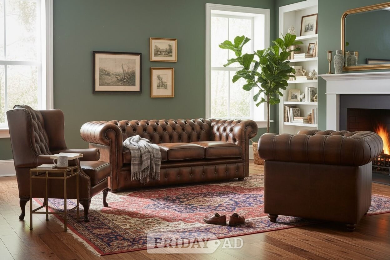Chesterfield Leather 3 Seater + Mallory Wing Chair + Club Chair