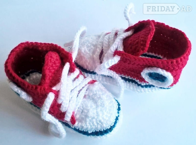 Red Baby Converse-like Sneakers Handmade Crocheted - New