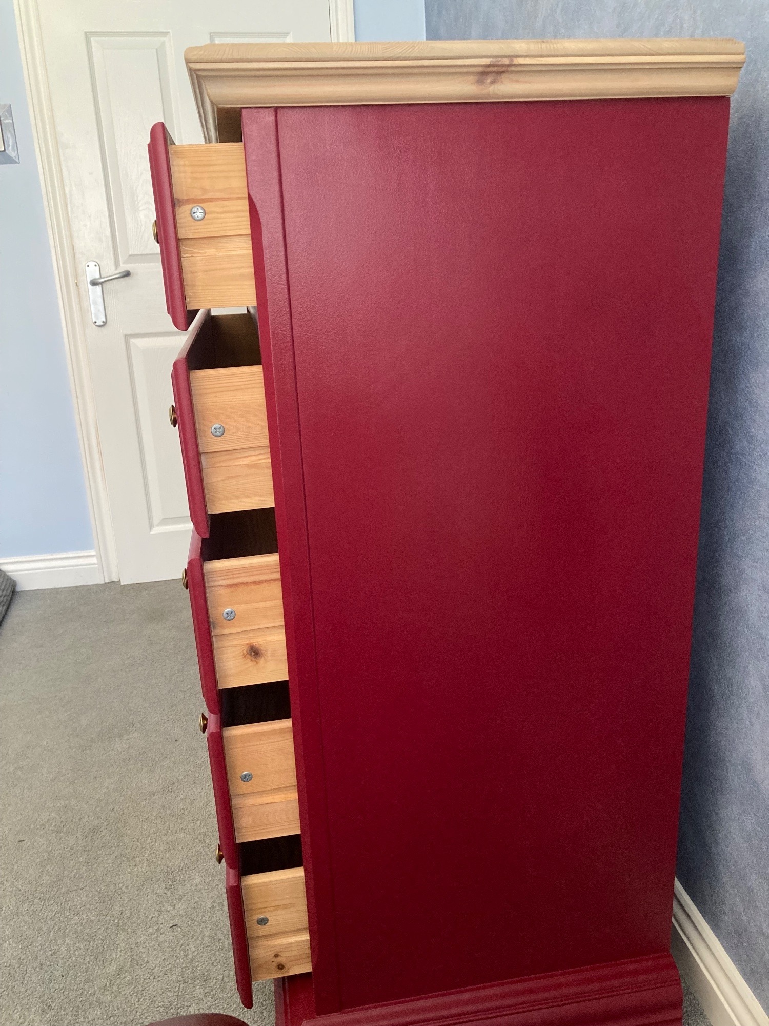 Refinished Pine/Burgundy Chest Of Drawers - Home Decor