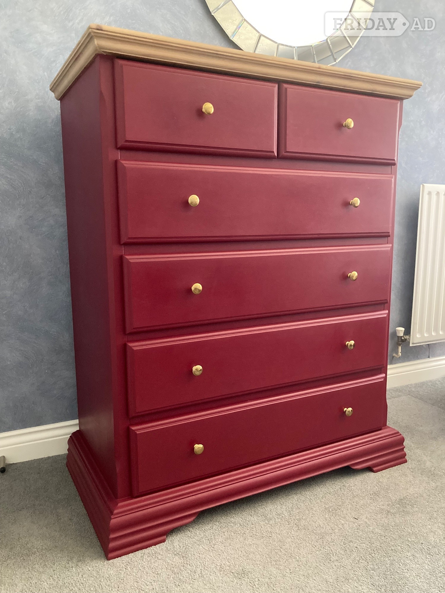 Refinished Pine/Burgundy Chest Of Drawers