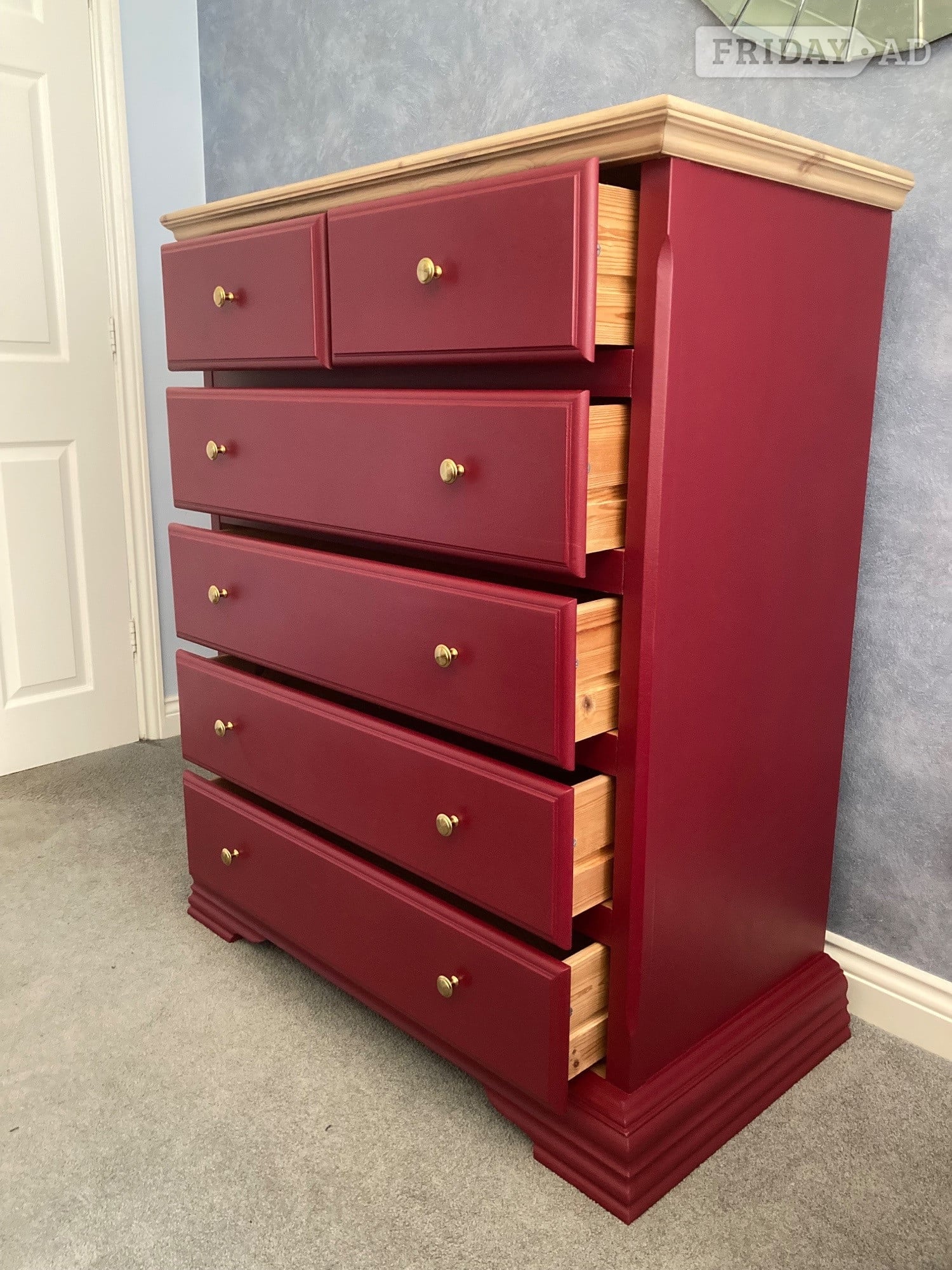 Refinished Pine/Burgundy Chest Of Drawers - Home Decor in Eastbourne