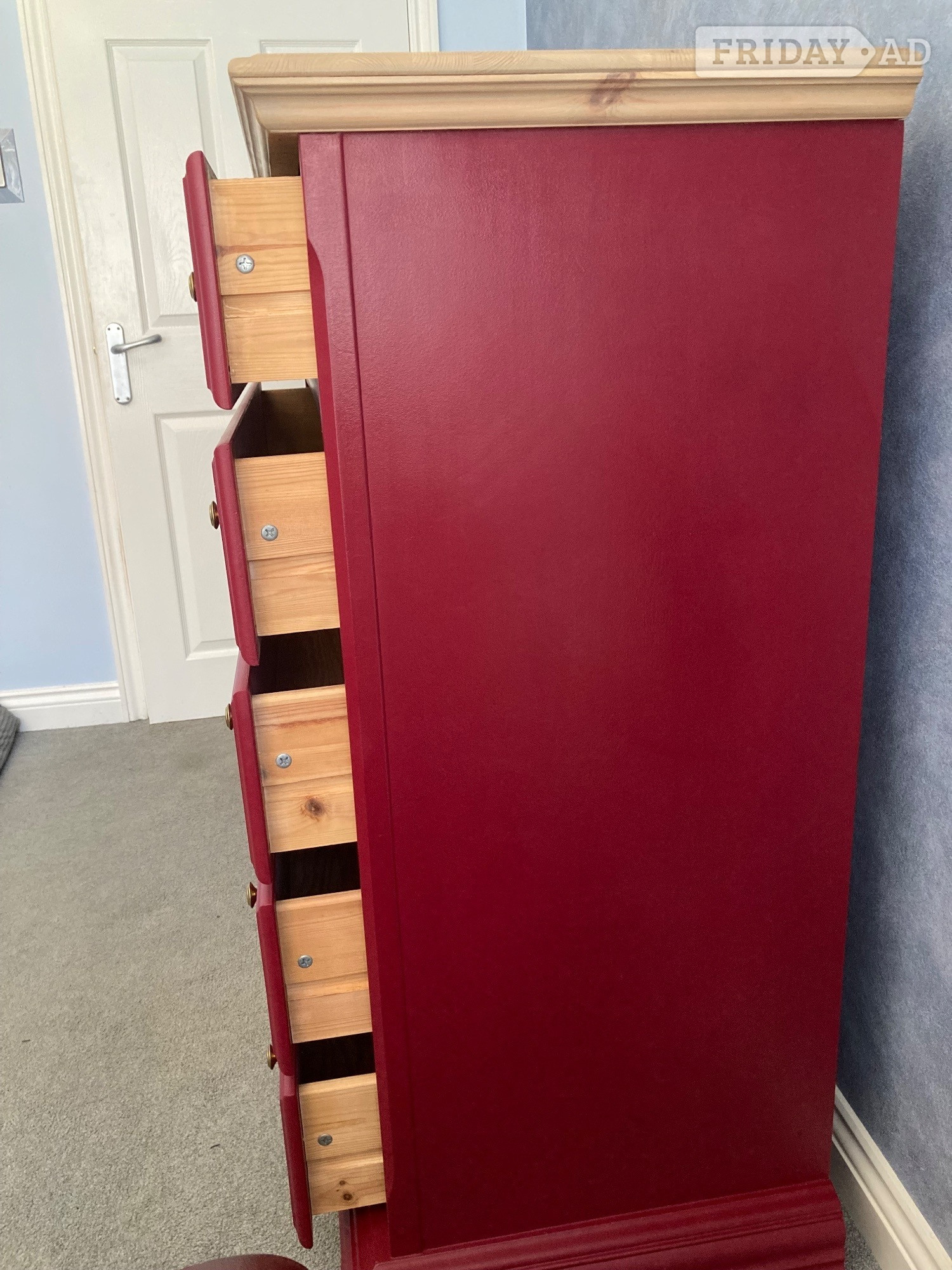 Refinished Pine/Burgundy Chest Of Drawers - Home Decor