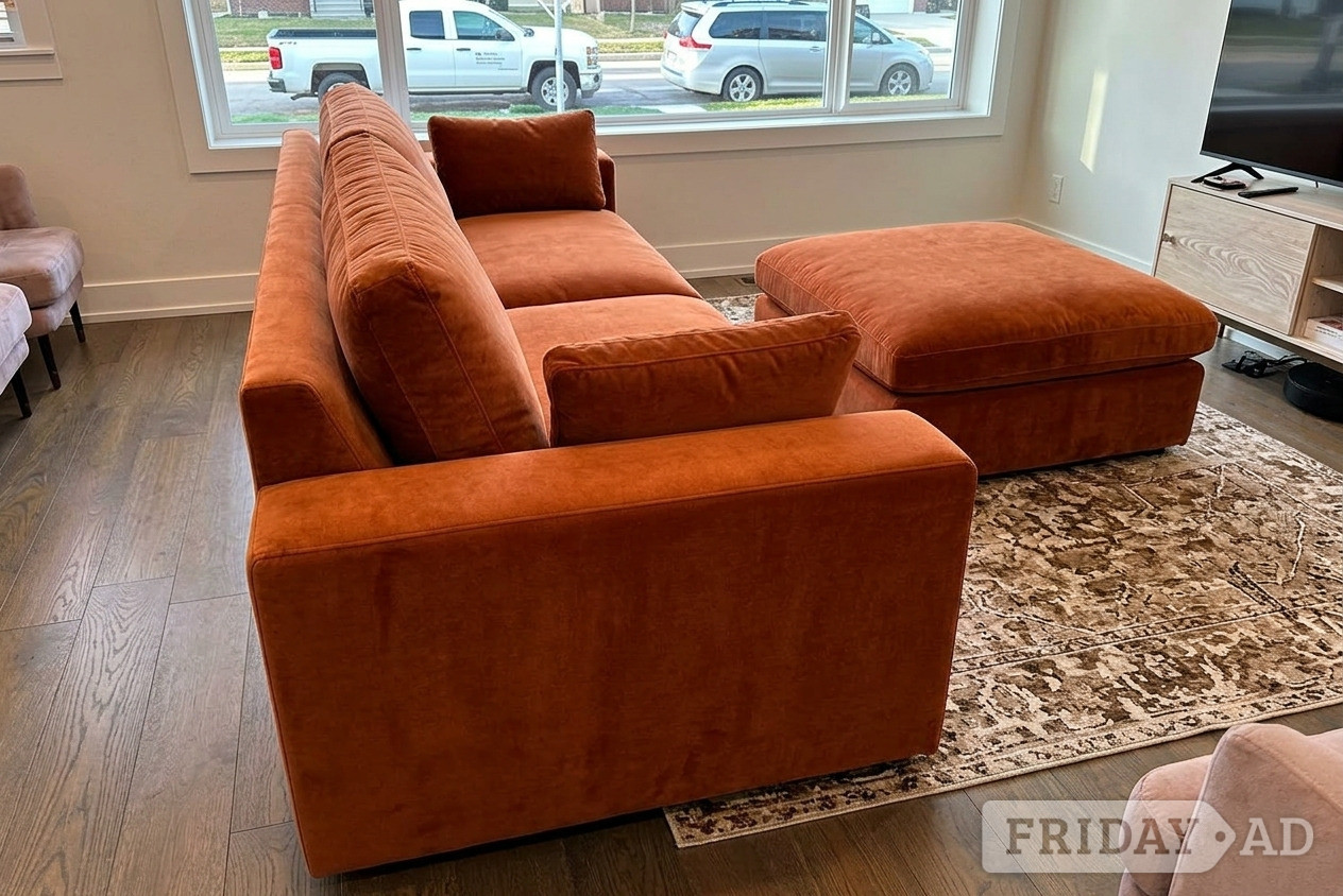 Burnt Orange Velvet 3 Seater Sofa with Footstool
