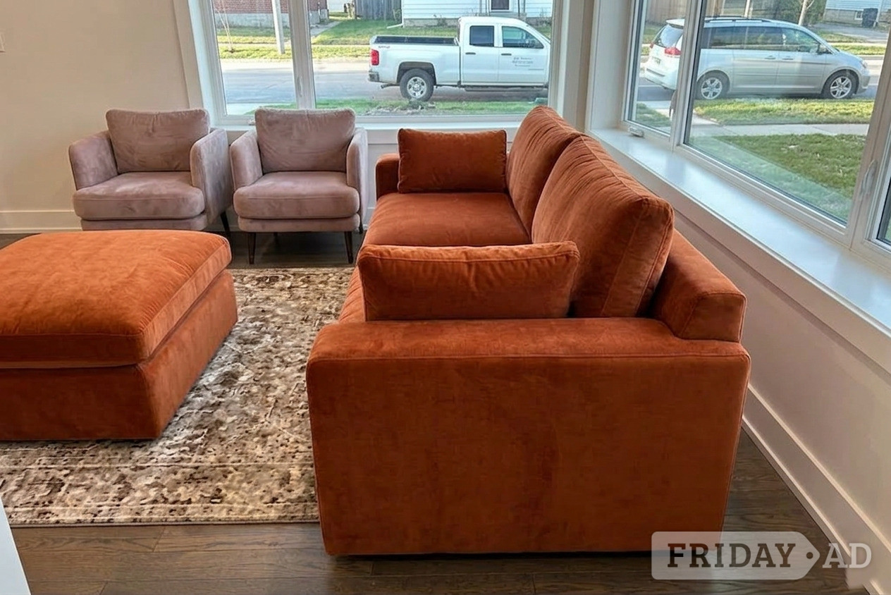 London Burnt Orange Velvet 3 Seater Sofa with Footstool