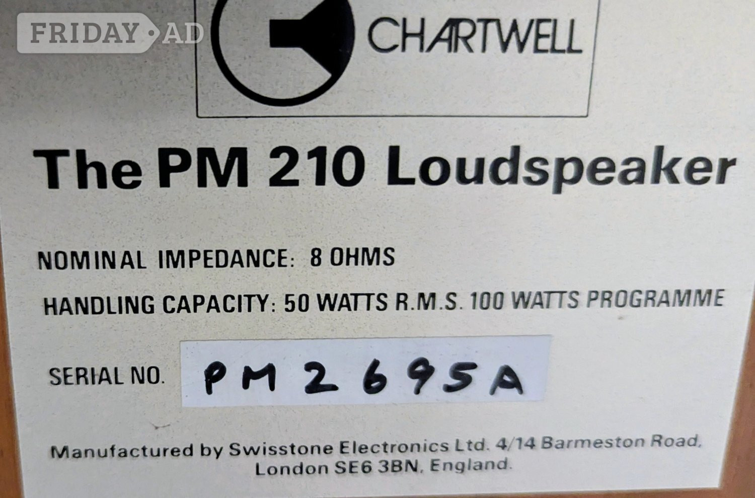 Loudspeakers x2 Rare Classic Chartwell PM210. (8OHMS 50 WATTS)  in Worthing