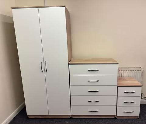 METRO (OAK/WHITE ) WARDROBE CHEST & BEDSIDE - FULLY ASSEMBLED - Furniture in Rotherham