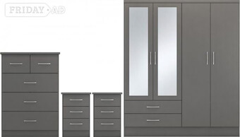 NEVADA 4 DOOR 2 DRAWER MIRRORED WARDROBE BEDROOM SET IN 3D EFFECT