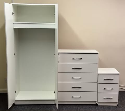 METRO (WHITE ) WARDROBE CHEST & BEDSIDE - FULLY ASSEMBLED