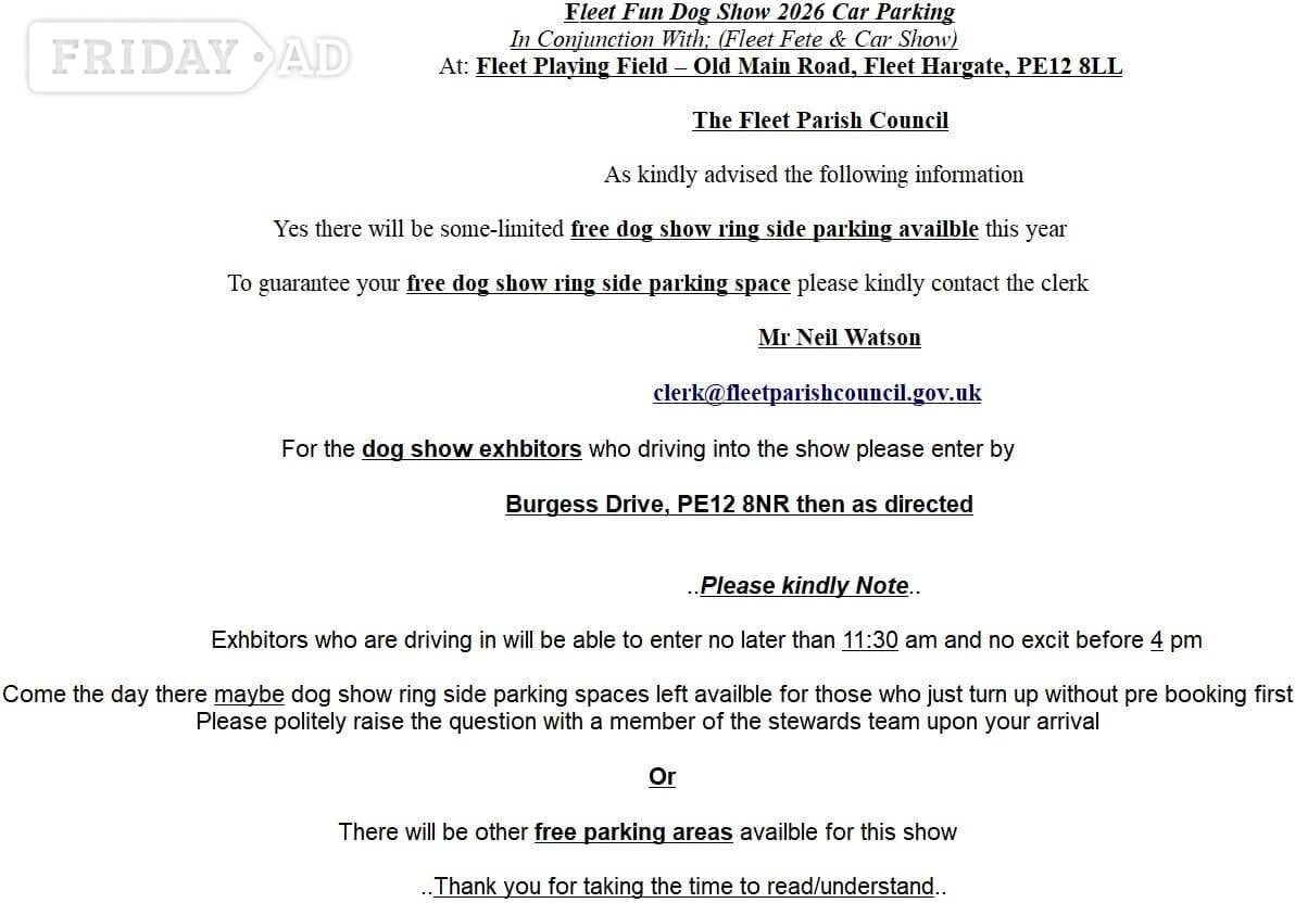 Old Main Road, Fleet Hargate, PE12 8LL Fleet Family Charity Dog Show 2026