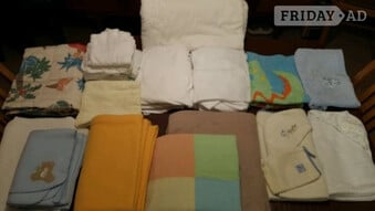 Assortment bundle of baby crib/cot sheets, towels, blankets and quilt