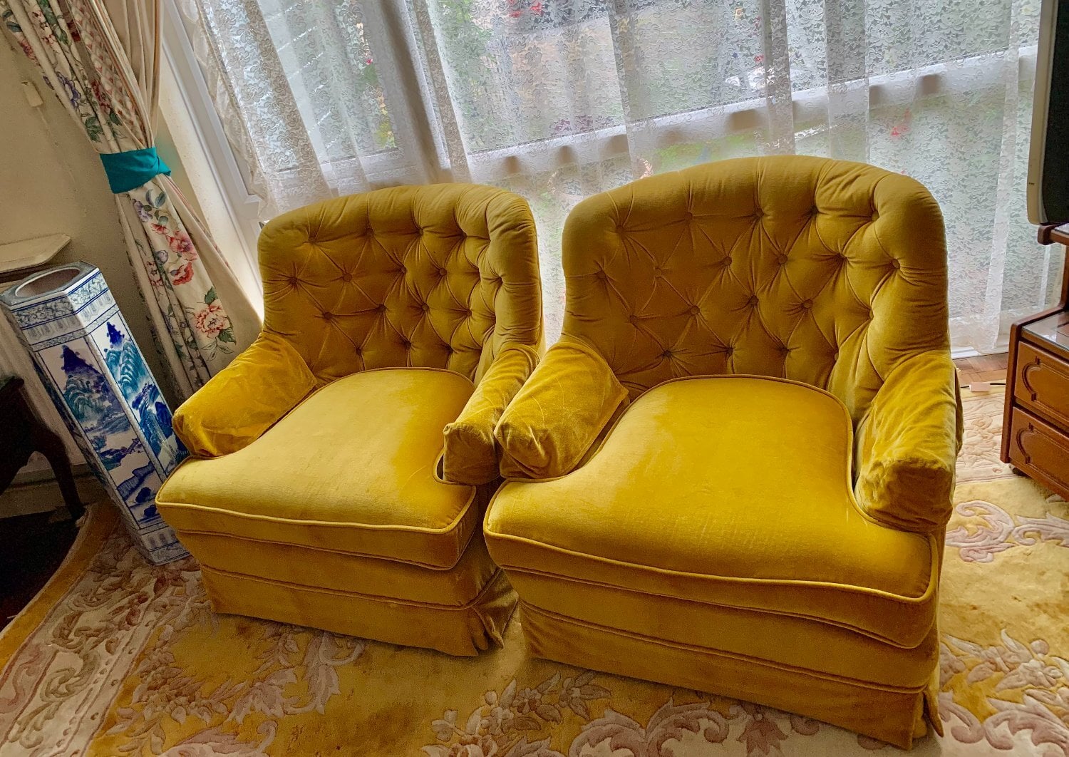Pair of Gold Velvet Chesterfield Style Armchairs in Reigate