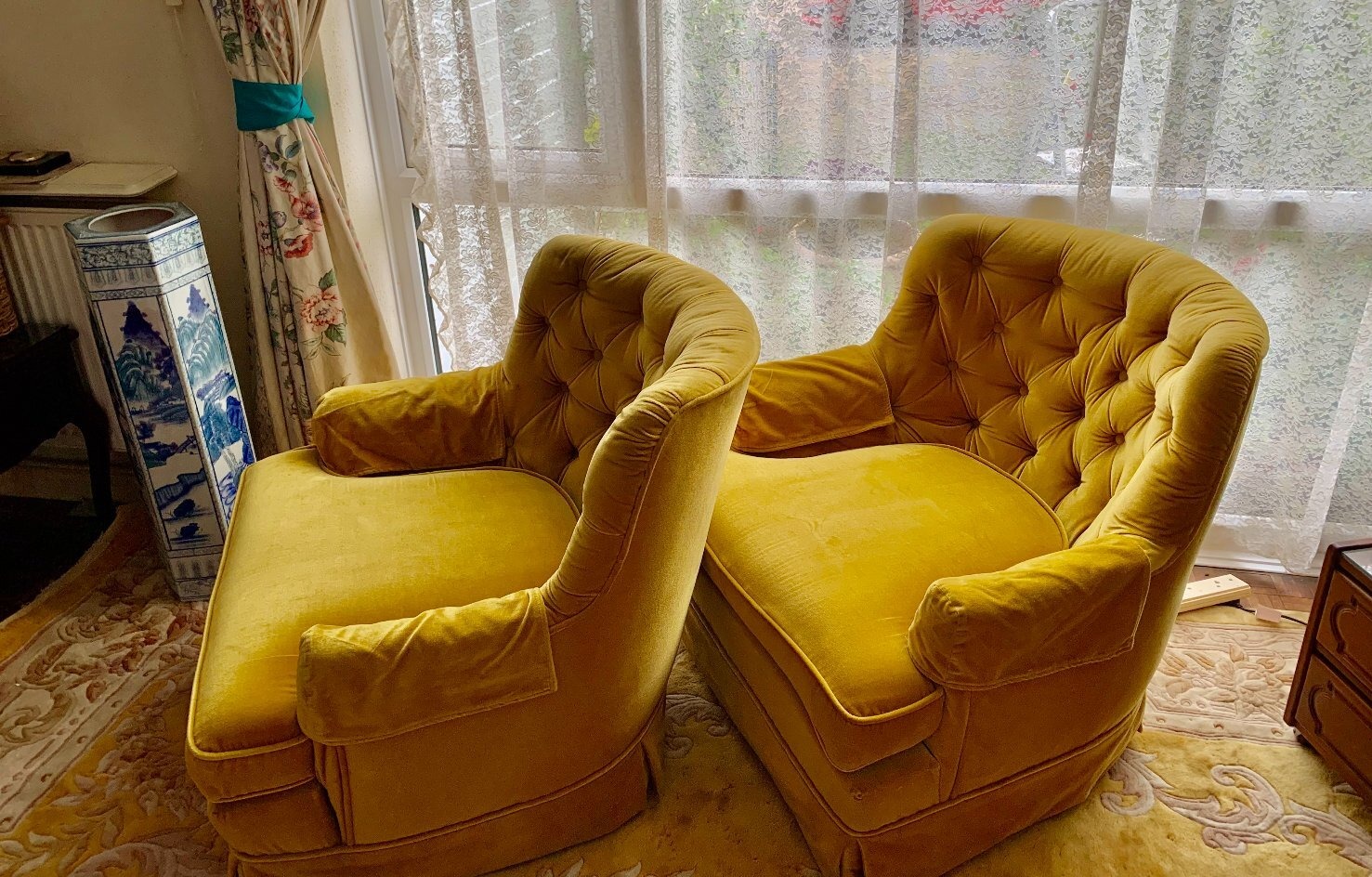 Pair of Gold Velvet Chesterfield Style Armchairs