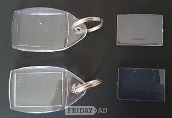 71 2 part clear plastic keyring blanks with metal loop   71 clear plastic keyring blanks in 2 parts with metal loop. Picture holder and snap fit top 