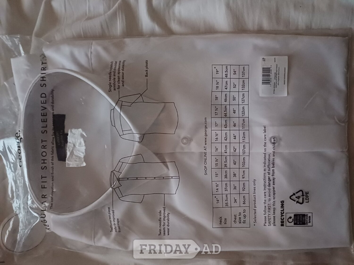 Asda George Regular Fit White Short-Sleeved Shirt, size 17 1/2 in Stourbridge