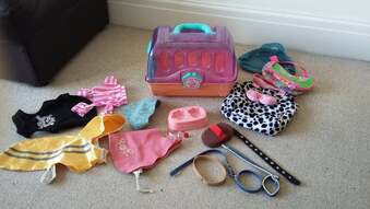 Dolly pet carrier with various clothes / coats, collars, brush, pet bags and feeding plate.