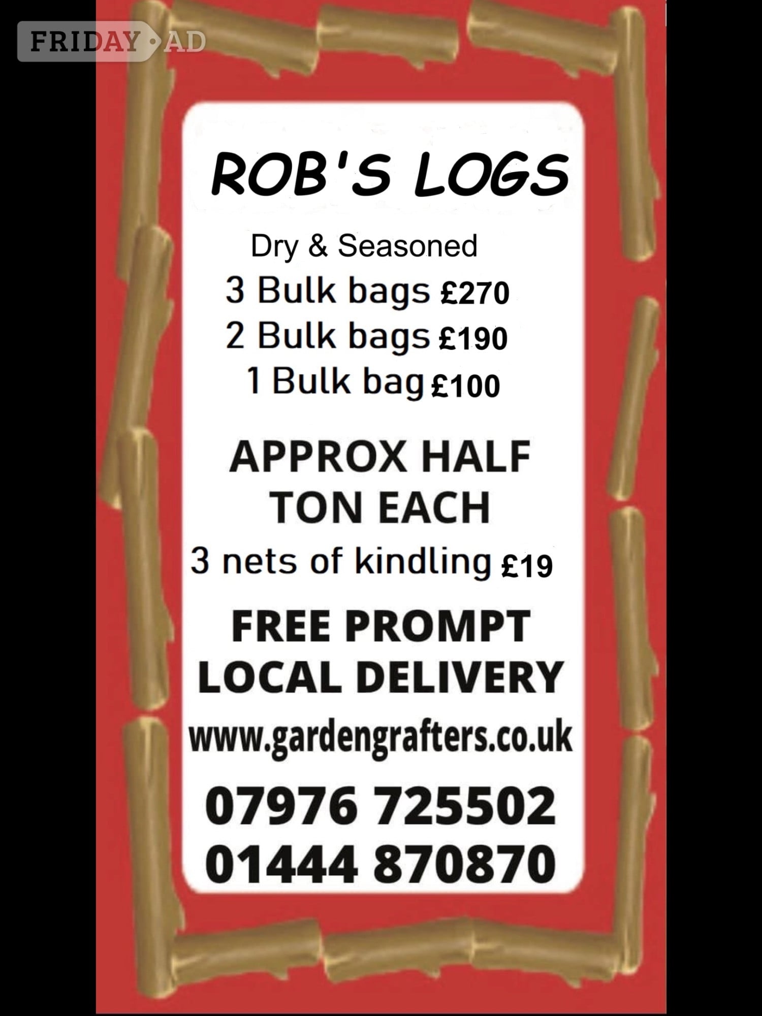 Robs Logs dry and seasoned hardwood logs & kindling in Brighton