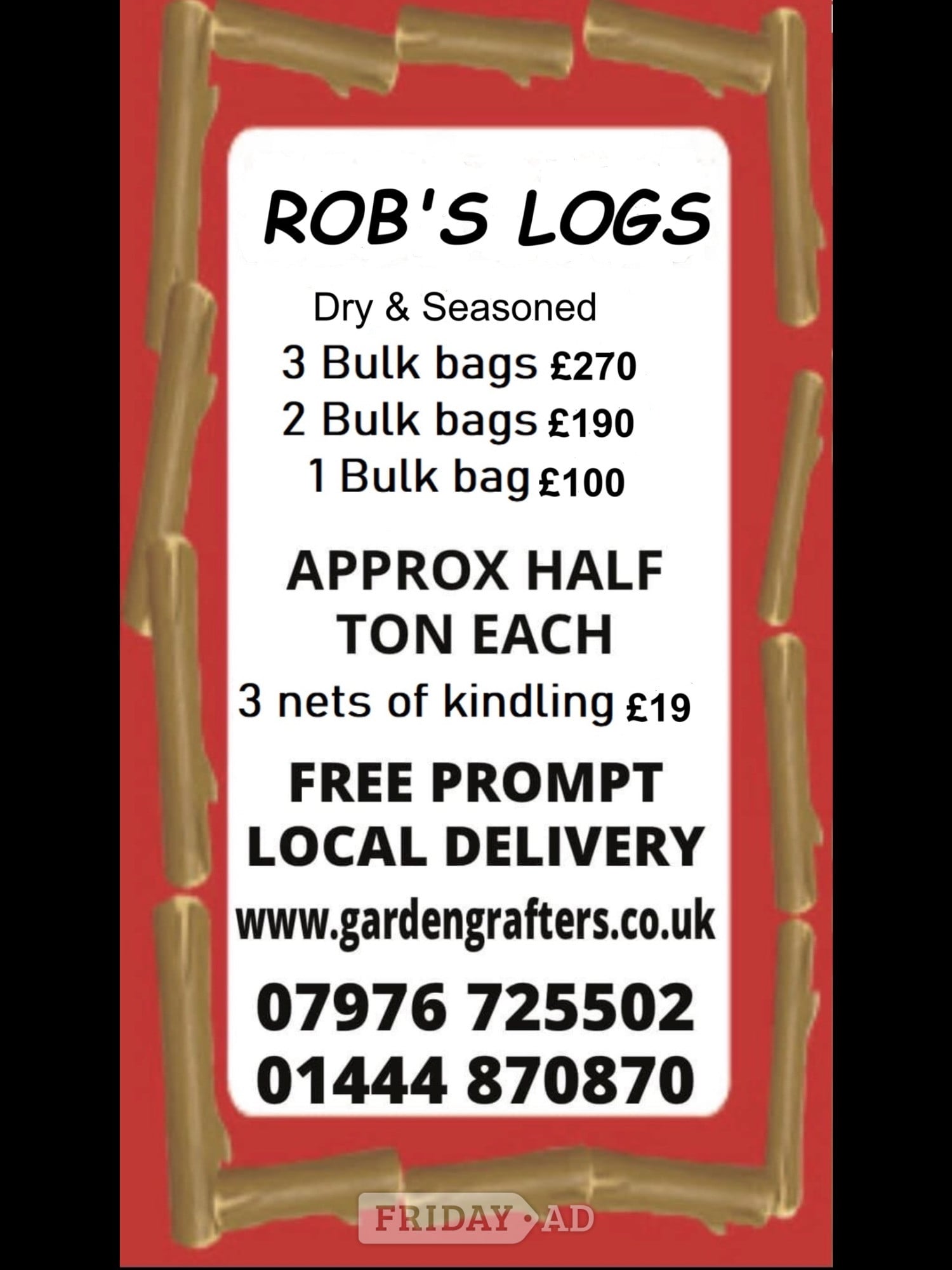 Robs Logs dry and seasoned hardwood logs & kindling in Burgess Hill