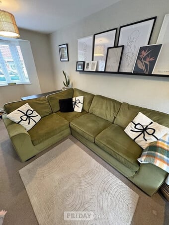 Olive Green Plush Velvet 4x Seater Corner Comfy Sofa with Pouffe