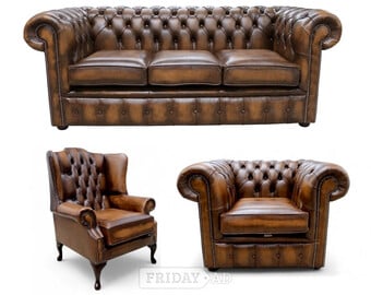 Chesterfield Leather 3 Seater + Mallory Wing Chair + Club Chair