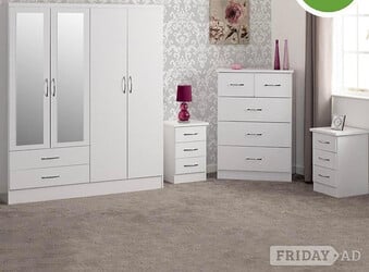 NEVADA 4 DOOR 2 DRAWER MIRRORED WARDROBE BEDROOM SET WHITE GLOSS