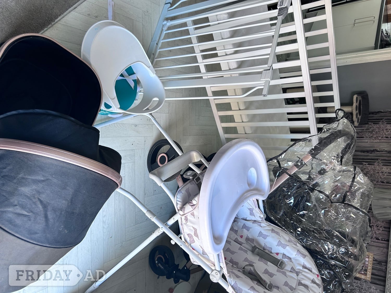 Peterborough Travel system with high chair star gate and cot and mattress 