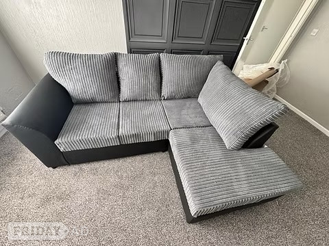 RIGHT HAND BYRON CORNER SOFA FIXED BACK - BLACK SNAKE/GREY CORD - Furniture in Rotherham