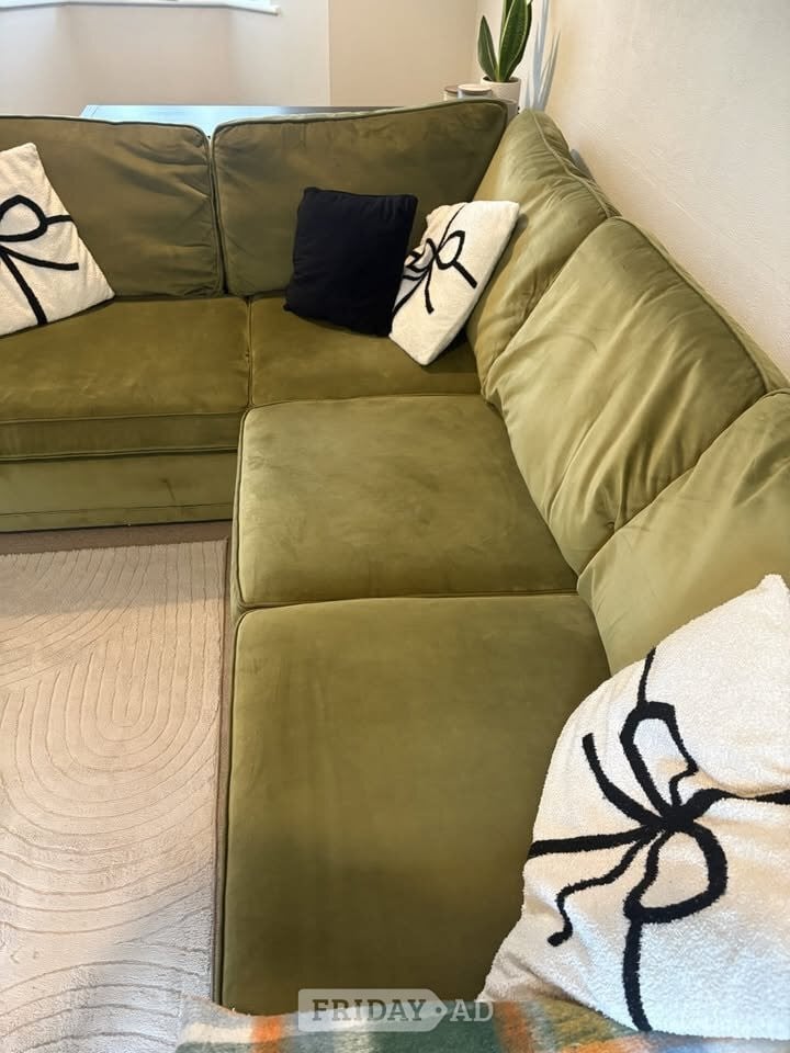 Olive Green Plush Velvet 4x Seater Corner Comfy Sofa with Pouffe