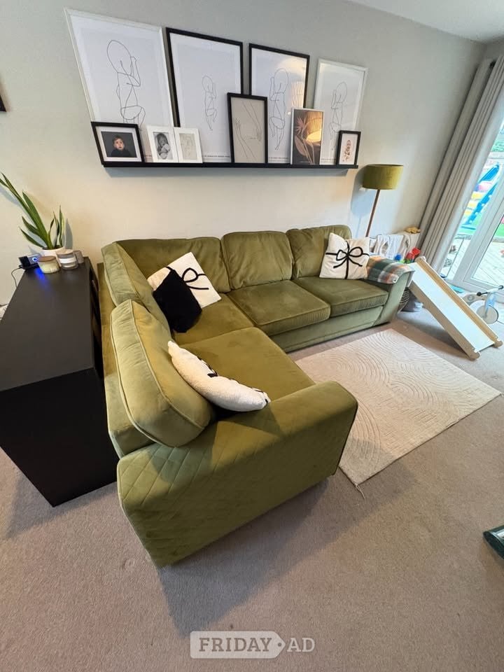 London Olive Green Plush Velvet 4x Seater Corner Comfy Sofa with Pouffe