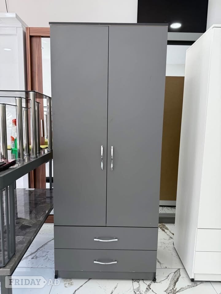 Grey 2 Door Wardrobe with Shelves and Drawers in London